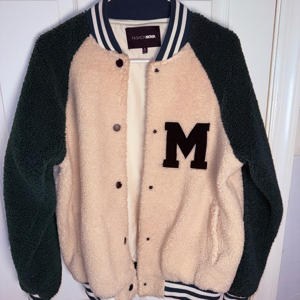 Fashion Nova Cream and Black Varsity Jacket - Picture 2 of 6